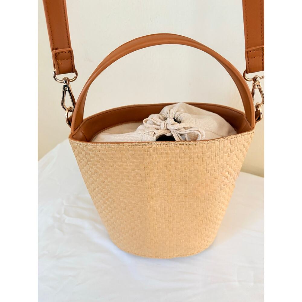 Woven Straw Bucket Bag Crossbody Satchel Boho Summer Purse Neutral Tan - Picture 5 of 6